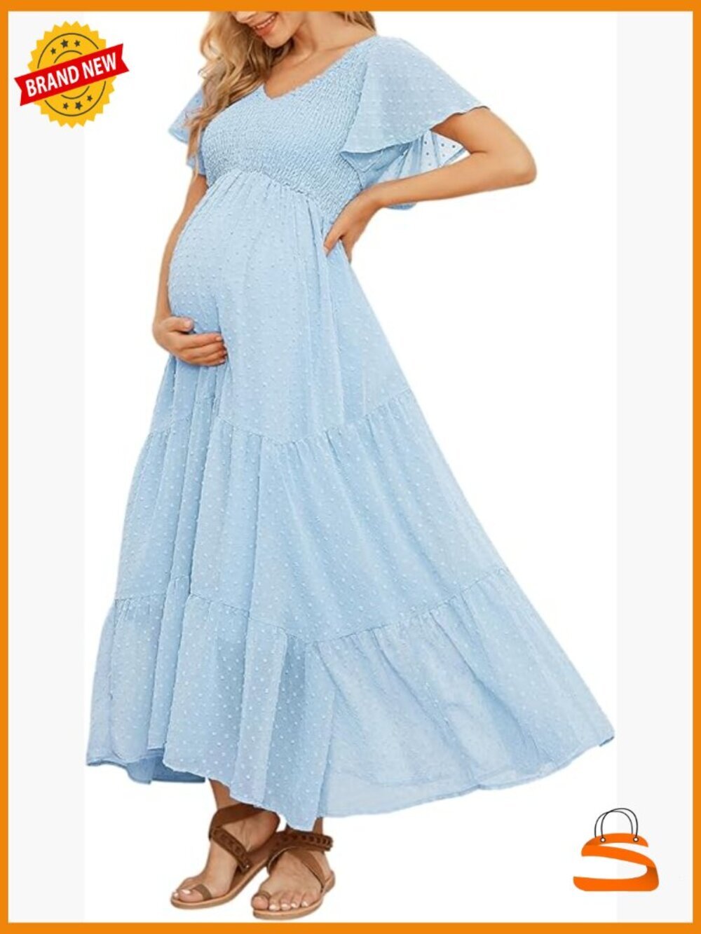 Swiss Dot Maternity Dress Flowy V Neck Ruffle Sleeve Empire Waist Maxi